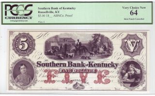 Southern Bank Of Kentucky $5 Proof - 1850s Russellville,  Ky - Very Choice 64 photo