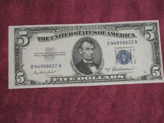 1953 - A $5 Five Dollars Silver Certificate Blue Seal Uncirculated photo