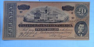 1864 $20 Bill Confederate Currency Civil War Era Note Paper Money Circulated photo