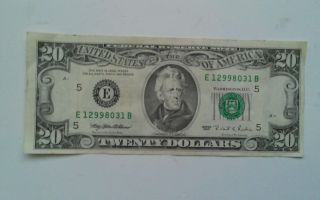 Series Of 1995 $20 Federal Reserve Note - Bill,  Small Face. . .  No Holes. photo