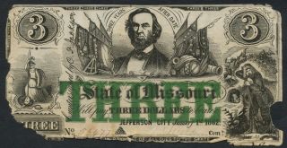 1862 $3 The State Of Missouri Note,  53477 A Dark Green Three photo