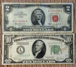 1928d - $10 Federal Reserve Note & 1963 - $2 Legal Tender Red Seal photo