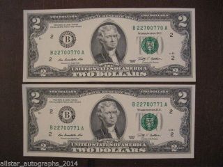 $2 Two Dollar Bills Uncirculated Consecutive Numbers 2009 Bank Of York photo