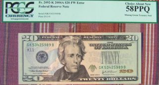 2004a $20 Major Error Missing Green Treasury Seal Pcgs 58ppq Choice About photo
