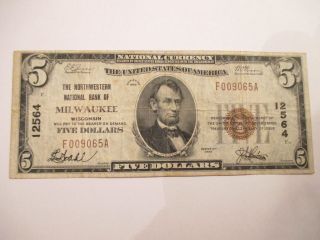 $5 1929 Milwaukee Wisconsin Wi National Currency Bank Note Bill Ch.  12564 Rare photo
