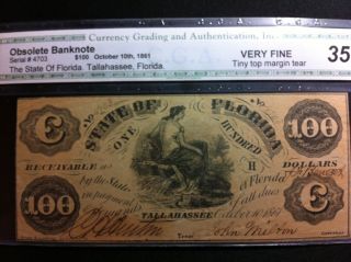 1861 Florida Obsolete Confederate Currency - $100 Dollars - One Hundred Cga photo