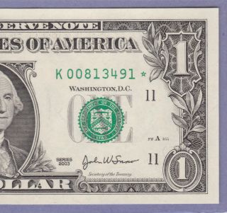 2003 $1 Dollar Star Note Dallas K Crisp Uncirculated Frn K 00813491 photo