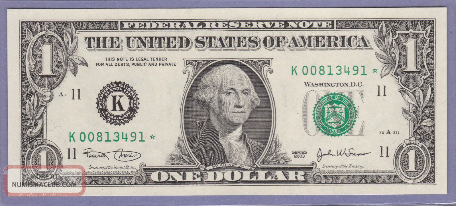 2003 1 Dollar Star Note Dallas K Crisp Uncirculated Frn K 00813491