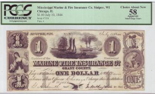 Sinipee,  Wi - Marine & Fire Insurance Co.  $1 - July 1844 Choice About 58 photo
