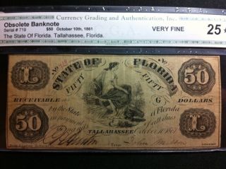 1861 Florida Obsolete Confederate Currency - $50 Dollars - Fifty - Low Serial photo