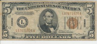 1934 A $5 Federal Reserve Wwii Emergency Issue - Hawaii - Circulated photo