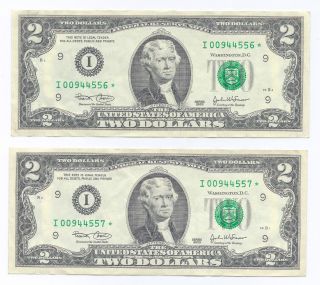 2003 Star Consecutive Number Pair Green Seal Two - Dollar Snow $2 Frd I - 9 Mpls,  Mn photo