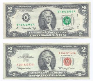 First Green Seal Frd B2 1976 & Last Red Seal United States Note 1963a Two - Dollar photo