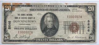 1929 $20 The Grange National Bank Of Downingtown Pa.  National Banknote Serial 2 photo