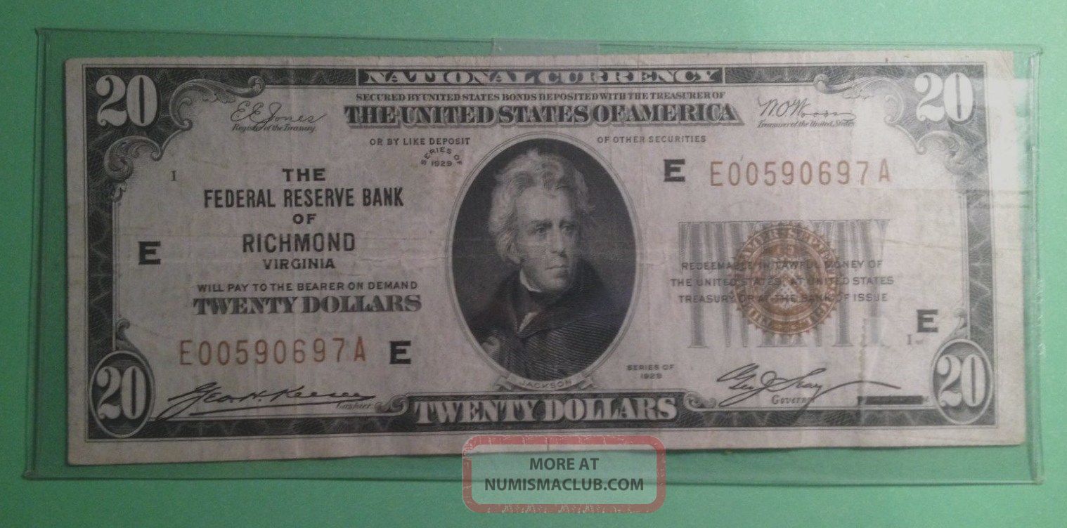 $20 1929 National Richmond Va Brown Seal Jackson Federal Reserve Bank Note Bill Small Size Notes photo