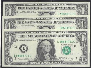 (3) Crisp 1969c Consecutive Numbered $1 San Francisco Frn. photo