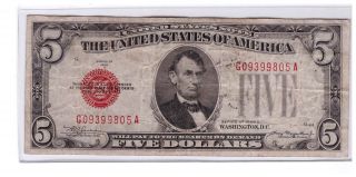 1928c 5 Dollar Bill Old Us Note Legal Tender Paper Money Currency Red Seal V - 32 photo