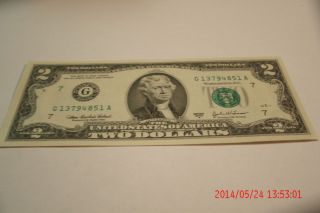 2003 - A $2 Frn Note Crisp Bu Unc.  Block G/a (district G - Chicago) Green Seal photo