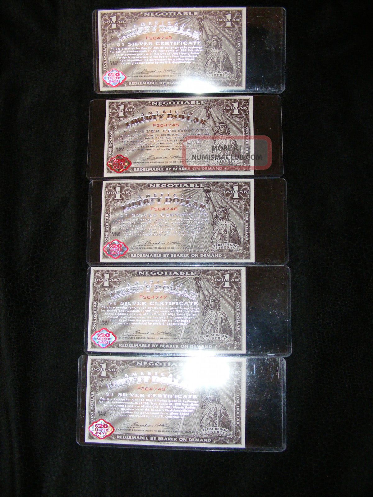 Norfed 5 American Liberty Currency 2006 $1 (5 Consec. ) Silver Certificates Small Size Notes photo