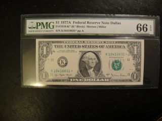 1977 - A Us $1 Federal Reserve Star Note.  Dallas.  Pmg 66 Gem Uncirculated.  Epq photo