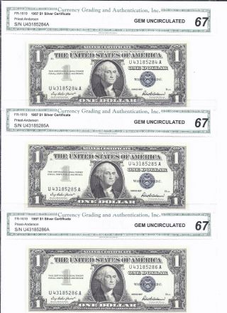 3 Consecutive Silver Certificate 1957 Fr - 1619 $1 U - A Block Cga Gem - Unc 84,  85,  86 photo