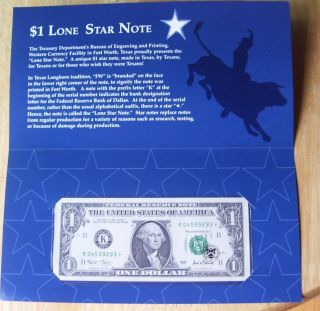 $1 One Dollar 2001 Lone Star Note Uncirculated With Seal Bep Packaging Fw photo