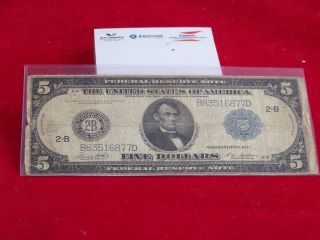 1914 Us $5 Dollar Large Note Blue Seal Currency Money Bill Legal Tender photo