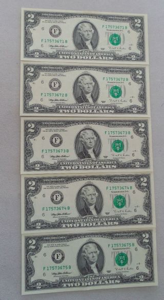1995 $2 Bills Consecutive Serial Numbers photo