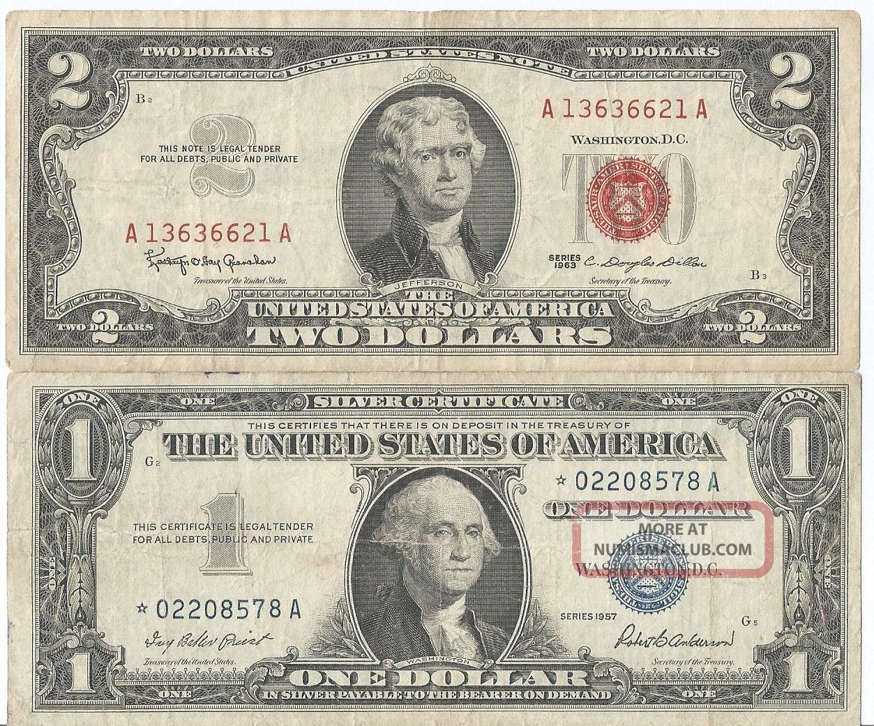 1963 Twoo Dollar 1957 One Dollar Star Silver Certificate Both Are Bills