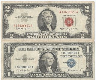 1963 Twoo Dollar & 1957 One Dollar Star Silver Certificate Both Are Bills photo