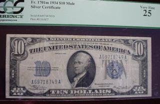 1934 $10 Mule Silver Certificate Fr - 1701m Pcgs Very Fine 25 photo