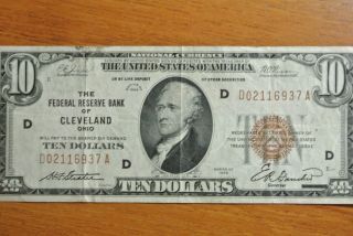 4318 Series 1929 $10 Brown Seal Central Utd Nat Bank Cleveland Au/cu Fr 1801 - 1 photo