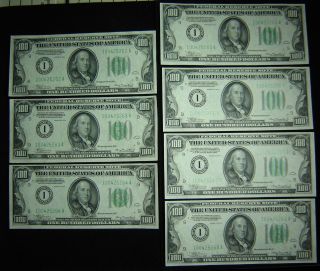 Rare 7 1934 $100 Dollar Bill Federal In Sequential Order Storage For 78 Years photo