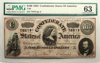 Pmg 63 T - 65 $100 1864 Confederate Currency Note,  Pf - 2 Cr - 493 Ch.  Uncirculated photo