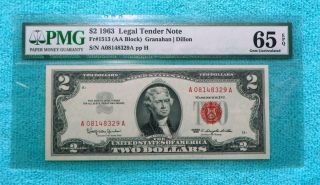 1963 $2 Pmg 65 Epq Gem Uncirculated Aa Block Red Seal Note Two Dollar Bill photo