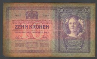 Austria - 10 Kronen/korona 1904 Banknote/note P 9/ P9 - Osztrák - Magyar Bank (vg) photo