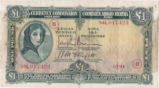 Ireland: One Pound,  1 - 7 - 1941,  P - 2c (war Code Letter ' B '),  Lady Lavery photo