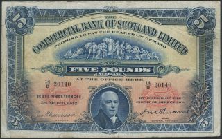Tmm 1942 Banknote Commercial Bank Of Scotland 5 Pounds Ps328b Fine photo