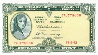 Ireland: One Pound,  28 - 6 - 1972,  P - 64c,  Lady Lavery/river God,  Crisp Unc photo