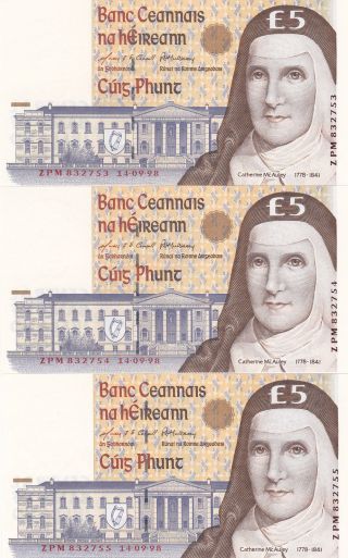 Ireland: 5 Pounds,  14 - 9 - 1998,  P - 75b,  Crisp Unc,  3 Consecutive Serial ' S photo