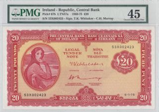 Ireland: 20 Pounds,  6 - 1 - 1975,  P - 67b,  Lady Lavery,  Pmg Graded Choice Xf 45 photo