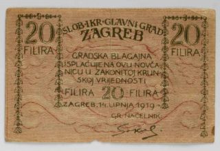Yugoslavia,  Shs Kingdom,  Croatia,  Notgeld Zagreb 1919,  20 Filira photo