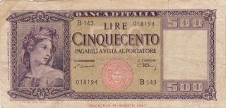Italy: 500 Lire,  10 - 2 - 1948 Issue,  P - 80a (einaudi/urbini Signatures),  Avf photo