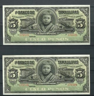 Par / Unc Gem Extremely Banknote Mexico Tamaulipas 5 Pesos 1890 - 1914 Very 2gx photo
