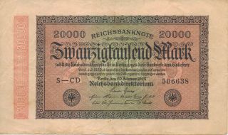 1923 20,  000 Mark Germany Banknote Lightly Circulated In Very photo