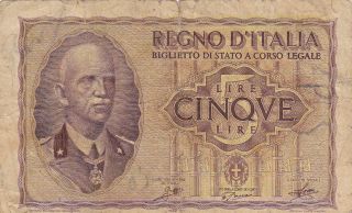 Italy: 5 Lire,  1940 &1944,  Bigliotto Di Stato Issue,  P - 28 photo