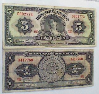 5 Pesos / 1 Peso Banknote Of Mexico 1961/ 1967 Fine photo
