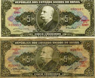 1953 & 1962 Cinco 5 Cruzeiros Circulated Brasil Currency photo