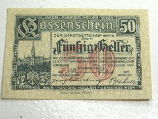 German Gemeinde 1920’s 50 Heller Vienna Bank Note Emergency Money photo