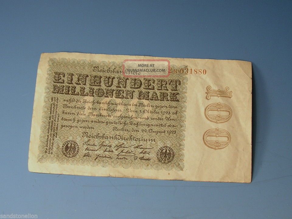 1923 100 Million Mark Einhundert Reichsbanote German Banknote Money Europe photo